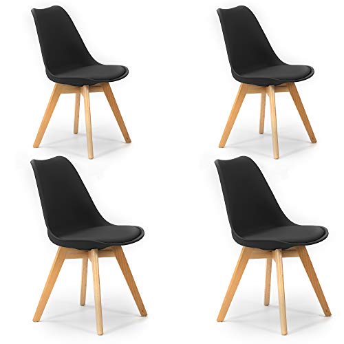 VS Venta-stock Pack 4 sillas Klara Negro, Pata Madera y Asiento Acolchado, Estilo nórdico