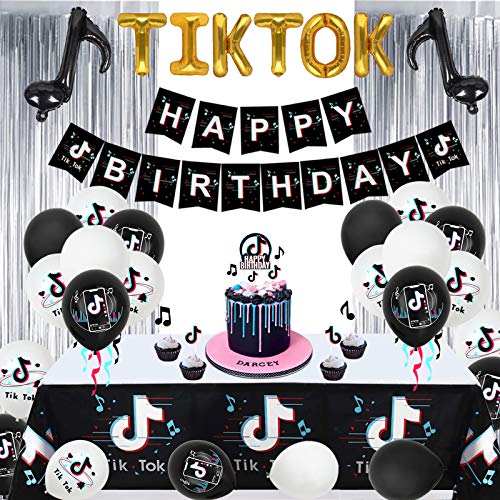 VSTON TIK Tok Decoraciones Fiesta Cumpleaños,TIK Tok Banner Mantel Cortina de Flecos Globo de Papel de Aluminio y Globos de látex Adornos para Tartas Suministros para Fiestas de cumpleaños