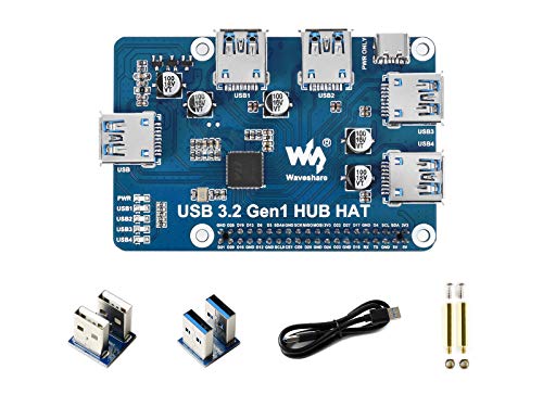 Waveshare USB 3.2 Gen1 HUB Hat for Raspberry Pi 4 with 4X USB 3.2 Gen1 Ports Up To 5 Gbps Data Rate Support Driver-Free Plug and Play USB Capability Expansion Board