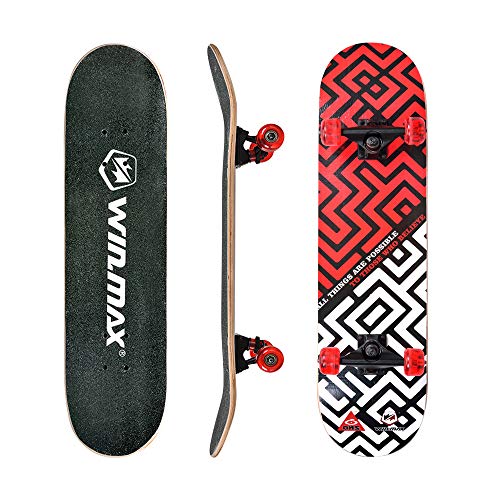 WIN.MAX Completo Skateboard para Principiantes 31"x8" 7 Capas Monopatín de Madera de Arce con rodamientos ABEC-7 Tabla de Skateboard(Maze-RD)