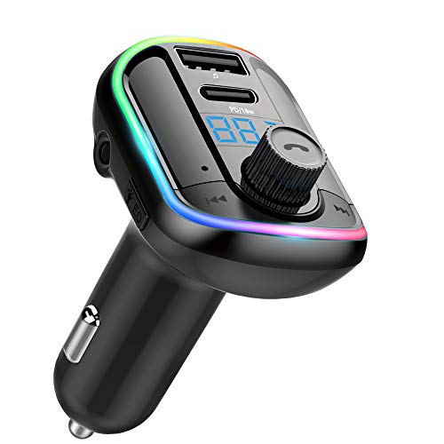 Wodgreat Transmisor FM Bluetooth, Manos Libres para Coche, Musica Coche Bluetooth V5.0, Type-C Puerto 18W Carga Rapida 10 Modos de Dinámico Luz, Reproductor MP3 Coche Soporte Tarjeta TF/Disco U/AUX