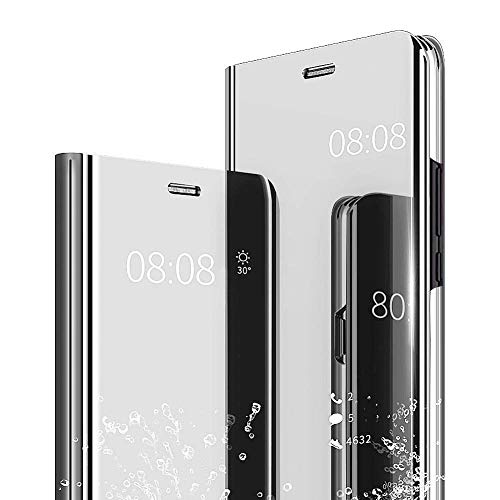 Yagook - Funda con espejo compatible con Xiaomi Redmi Note 9 Pro Clear View Flip Funda Funda de piel PU Funda para teléfono móvil ultra fina resistente a los golpes estilo libro Slim Fit Cover Plata