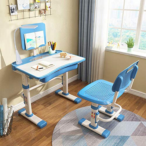 Yinleader Juego de sillas de escritorio para niños, ergonómicas, color azul cielo, altura ajustable, multifunción, mesa de estudiante con lámpara y soporte para libros