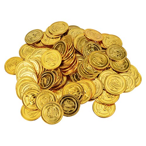 YoungRich 200pcs Monedas de Juguete para Niños de Halloween Moneda de Fiesta Piratas de Plástico Monedas del Tesoro de Plástico Oro para la Caza del Tesoro Juego de Decoración del Partido Regalo 3.5cm