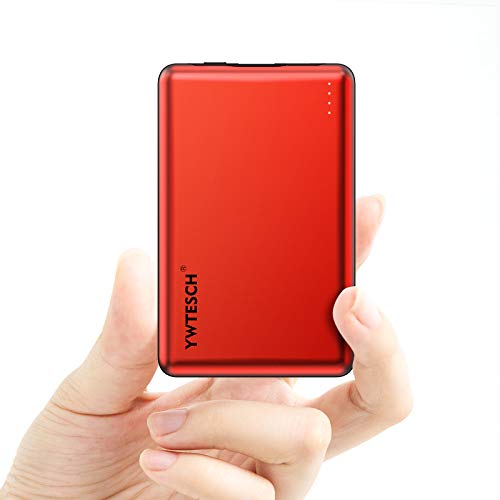 YWTESCH Batería Externa Movil 10000mAh, Power Bank Cargador Portátil Salida USB A y Entrada Type C (2A), Aleación de Aluminio, 2 Cables, Mini Powerbank(Rojo) Compatible con iOS/Androide/Tableta