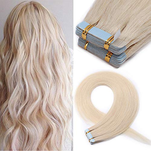18"(45cm) Extensiones Adhesivas de Cabello Natural Sin Clip [2.5g*20pcs] #70 Blanqueador Blanco 100% Remy Pelo Humano Tape in Hair Extensions (50g)