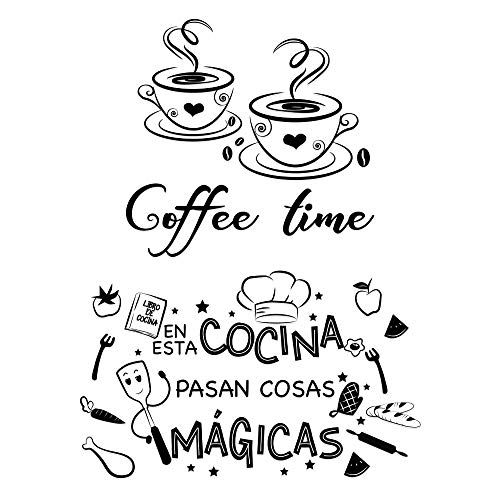 2pcs Pegatinas Pared Cocina Decorativas con Frases Españoles Vinilos Letras Stickers Adhesivos Comedor Cafetería Restaurante Habitación Coffee time En esta cocina.