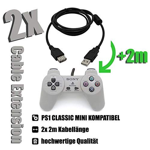 2x Sony PlayStation Classic Mini Cable de extensión para controlador / PS1 Mini Cable Extension 2x 2m