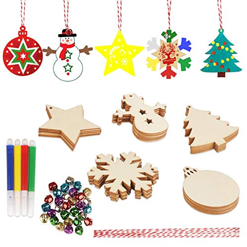 30 Piezas Adornos navideños de madera Set Adornos navideños de madera con 30 piezas de campanas de colores y 30 piezas de cuerda para manualidades de bricolaje Decoración colgante de árbol de Navidad