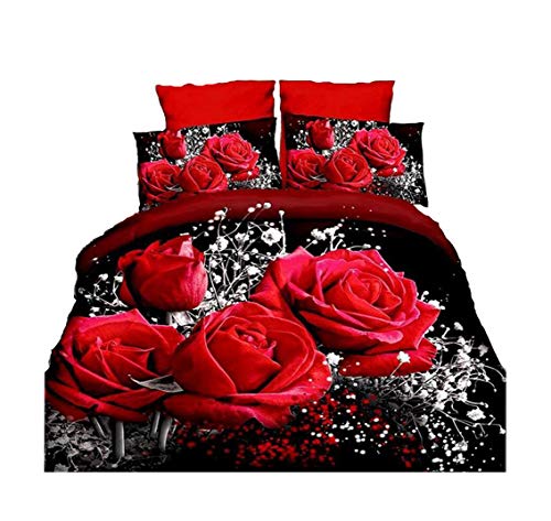 4Piece caliente rosa roja juego de funda nórdica Comforter Set 3d romántico flores funda de edredón para doble tamaño
