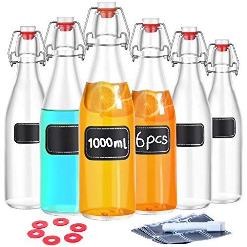 6 Botellas de Vidrio con Tapon Hermetico - 1l - Con Etiquetas y Rotulador - Para Licores Caseros, Aceite, Cerveza Artesanal