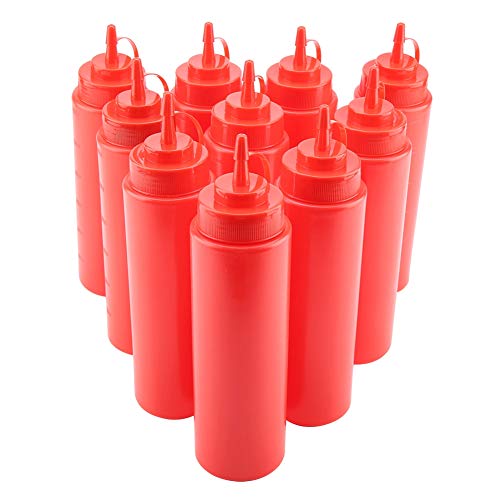 720ml Botella de plástico para apretar, Dispensador de condimentos de plástico de 10 piezas/set con tapa para exprimir Squirt Botellas para salsa de vinagre de crema Aceite de ketchup(Red)