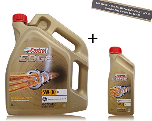 Aceite de motor de la marca Castrol Edge Titanium FSTTM, 6 litros, 5W-30 LL (1x5 lts + 1x1 lt) Aceite de motor de la marca Castrol Edge Titanium FSTTM, 6 litros, 5W-30 LL (1x5 lts + 1x1 lt)