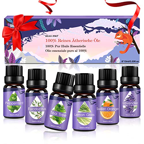Aceites Esenciales, 100% Puros y Naturales Aromaterapia Aceites Esenciales para Humidificador (Lavanda, Hierba de Limón, Menta, Eucalipto, Árbol de té, Naranja dulce) 6 x 10 ml Aceites Esenciales, 100% Puros y Naturales Aromaterapia Aceites Esenciales para Humidificador (Lavanda, Hierba de Limón, Menta, Eucalipto, Árbol de té, Naranja dulce) 6 x 10 ml
