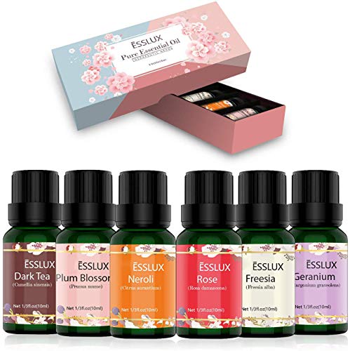 Aceites Esenciales Naturales,ESSLUX Flores Aceites Esenciales para Humidificador Difusor Top 6 Set Natural Puro, Neroli, Geranio, Rosa, Fresia, Té oscuro, Flor de Ciruela