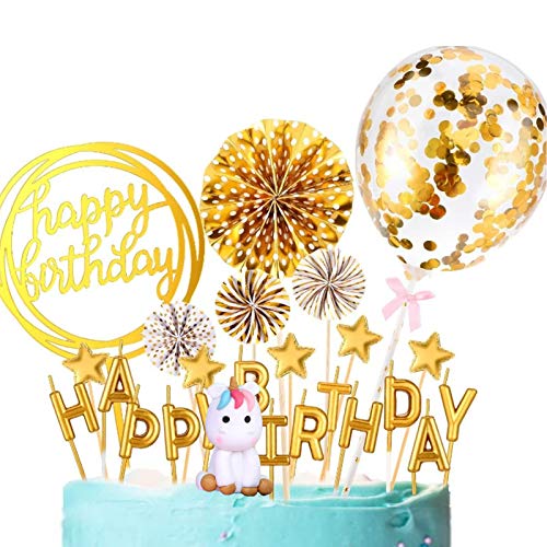Adornos personalizados para tartas de feliz cumpleaños, Lre Co. 6 piezas de decoración para tartas con pancarta de velas con letras globo de confeti papel estrellas y tapón unicornio de cerámica