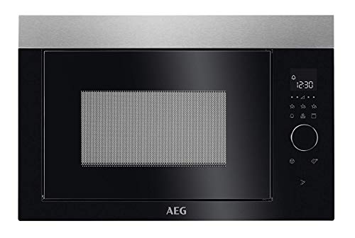 AEG MBE2657DEM Microondas Integrable con Grill de 800 W, Display LED táctil rotativo, Luz interior, Apertura electrónica, Programa descongelar, Cocción, Marco Integrado, 900 W, Negro/Inox, 26 L