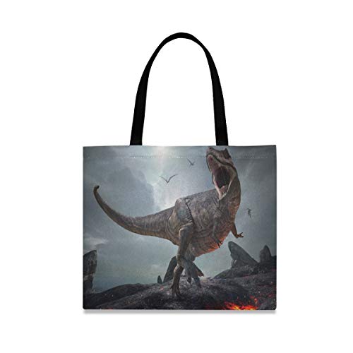 ALARGE Bolso de lona con estampado de dinosaurios vintage, grande, informal, para ir de compras, con asas de longitud para mujeres y niñas