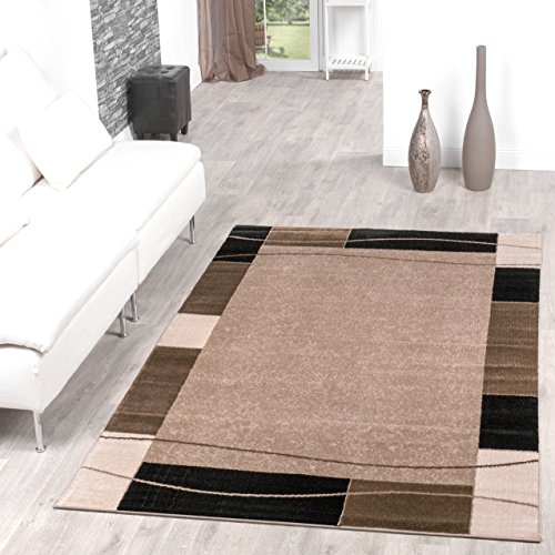 Alfombra con cenefa, diseño moderno, alfombra para salón, color beis y negro, 120 x 170 cm