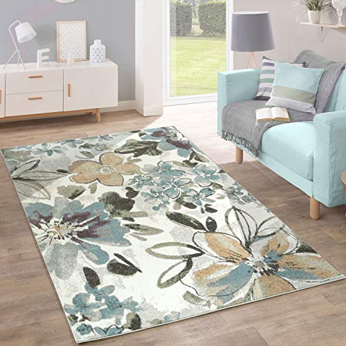 Alfombra De Diseño Moderna Salón Estampado Flores Tonos Pastel Verde Azul Crema, tamaño:120x170 cm