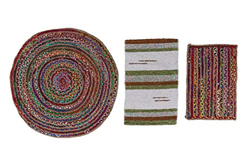 Alfombra de Yute Multicolor Redonda, Pack alfombras de Yute Circular + Rectangular + Jarapa de la Alpujarra, Tejidas a Mano - Salón, Cocina, Dormitorio, Pasillo, jardín (Mod 1, Ø 90 cm.)