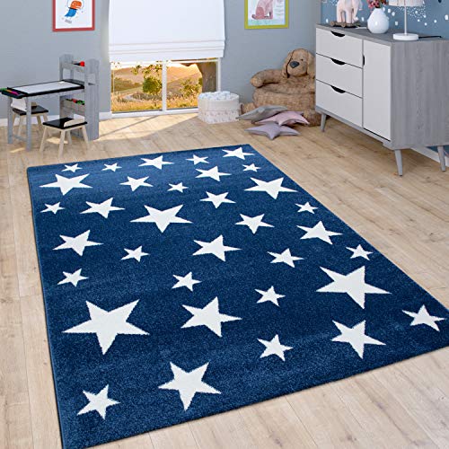 Alfombra Infantil De Pelo Corto para Habitación Infantil Motivo Estrellas, En Azul, tamaño:160x230 cm