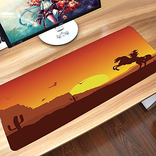 Alfombrilla goma antideslizante para ratón, Desierto del oeste salvaje americano occidental con vaquero a caballo Cactus S,ratón de goma antideslizantes con Designs para gamer y Office trabajo60x35 cm