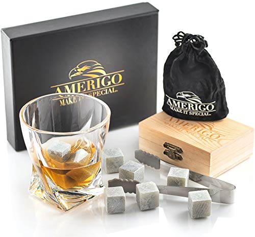 Amerigo Un Set Regalo de Lujo de Piedras Whisky Set de 9 Whisky Stones Gift Set - Cubitos de Hielo Reutilizables - Regalos para Hombre con Caja de Madera Hecha a Mano, Pinzas y 2 Posavasos