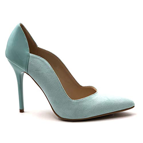 Angkorly - Zapatillas Moda Tacón escarpín Bimaterial Stiletto Mujer Barnizado Tacón de Aguja Alto 11 CM - Azul Claro J76-1 T 40