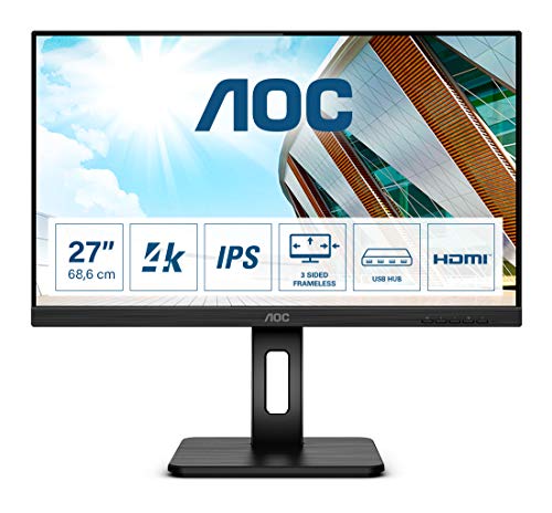 AOC Monitor U27P2 de 68 cm (27 Pulgadas) (HDMI, DisplayPort, USB Hub, Tiempo de Respuesta de 4 ms, 3840 x 2160, 60 Hz, Pivo), Color Negro