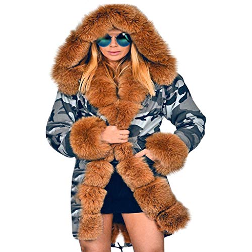 AOGOTO Abrigo de invierno con capucha de piel sintética para mujer, grueso, delgado, con cremallera, parka, resistente al viento, mantiene caliente