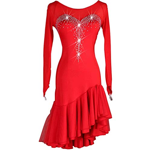 APcjerp Rendimiento del Rhinestone Competencia de Baile for Adultos Profesional América Vestido de Partido Rumba Samba Jive Chacha Baile por la Noche de la Falda (Color : Red, Size : L)