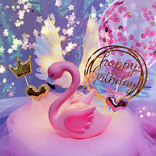 Aprildecember - Juego de 9 adornos para tarta con flamenco rosa, pluma, globo con luz LED, Happy Birthday, base de figuras, corona y 2 formas de corazón