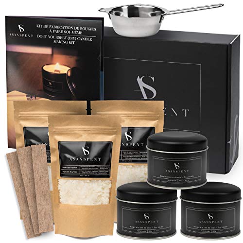 ASANSPENT® Kit completo de fabricación de velas DIY – Cera de soja vegetal y mecha de madera creativa – Fácil de hacer velas naturales y originales