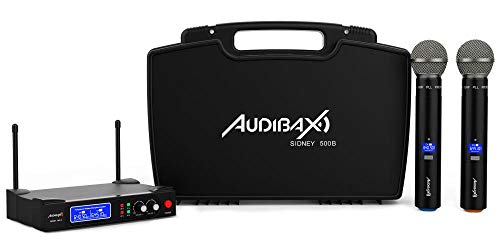 Audibax - Sidney 500 B - Micrófono Inalámbrico Profesional UHF - Set de 2 Micrófonos de Mano + Maleta - Rango de Cobertura 50 metros - Incluye Receptor Display - Pilas Tipo AA