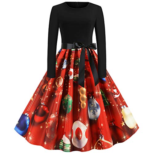 Auifor Vestido Vintage de Manga Larga con Estampado navideño de Manga Larga para Mujer Vestido de Fiesta de Fiesta de ama de casa de los años 50（B-Rojo/Large）