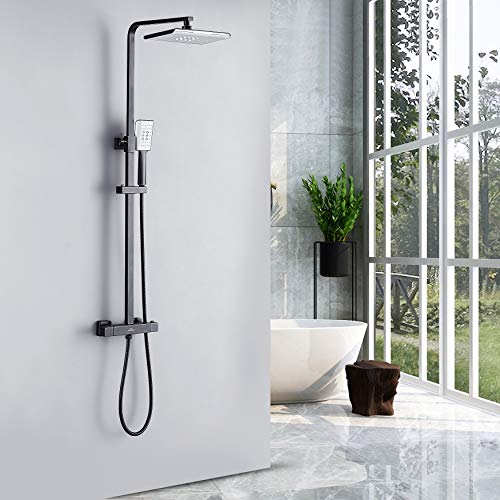 Auralum Columna Ducha Negra Termostatico Conjunto Ducha Cuadrado de Baño con Mezclador Barra Ajustable y Ducha lluvia Alcachofa