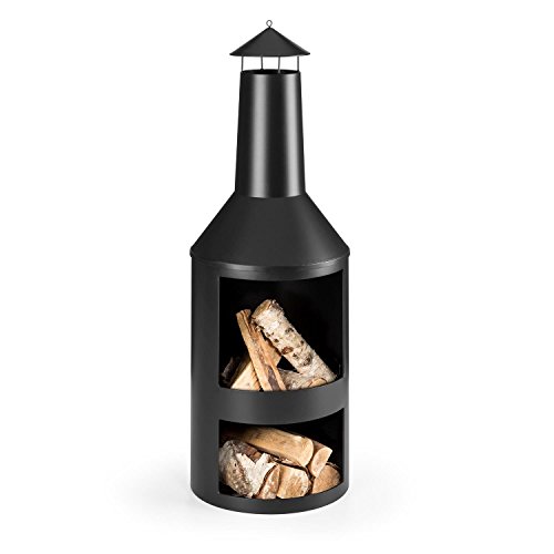 Blumfeldt Westeros Chimenea de jardín - Estufa para terraza, Brasero a leña, Estable construcción, Camara de Fuego Visible, Diseño rústico, Techo para Humo y protección, Negro