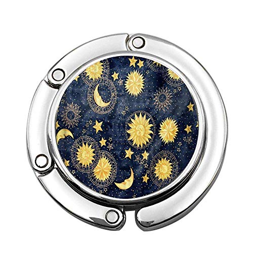 Boho Chic Golden Sun Moon and Stars Azul Negro Cielo Estilo Antiguo Colgador de Bolso portátil Personalizado