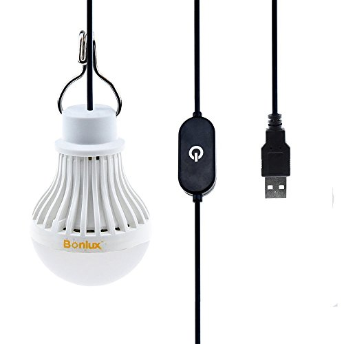 Bonlux 5V USB Led Bombilla con Interruptor, Lámpara con Colgador, Luz Portátil para Camping, Exteriores, Patio, Jardín, Barbacoa (Luz Fría)