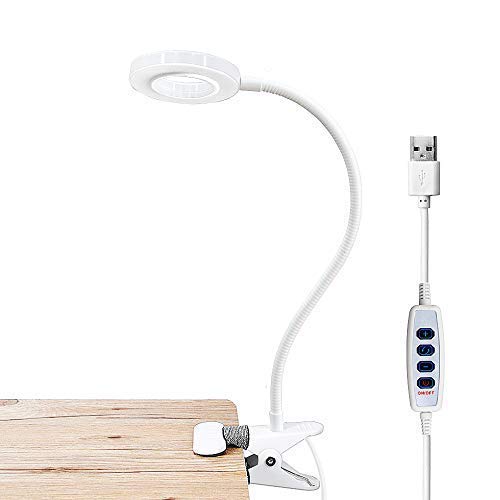 Bonlux 5W USB Portátil Lámpara LED con pinza, Clip LED Luz Lampara de Mesa Lectura Escritorio, Protección para Ojos, 10 Nivel de Brillo Ajustable, 3 Colores de Iluminación, Flexible Regulable (Blanco)