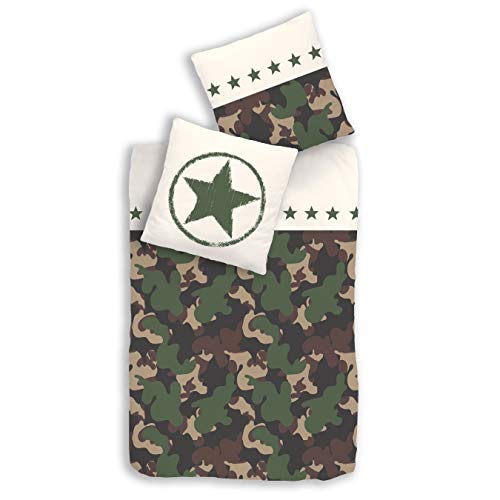 Camuflaje cama de verano · Militar & Army Trend Caqui, Verde, Oliva · estrellas, stras & Camo · almohada 80 x 80 + Funda Nórdica 135 x 200 cm; 100% algodón en Renforce