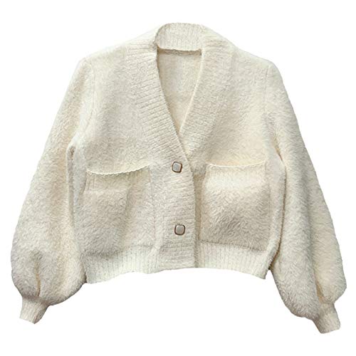 Cárdigan Casual Imitación visón de terciopelo suéter de terciopelo cardigan pequeño estilo incienso estilo linterna parte superior suelta punto corto abrigo grueso ( Color : White , Size : Medium )