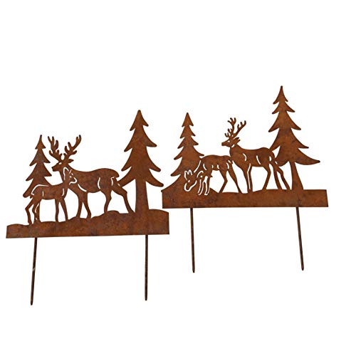 CasaJame Juego de 2 clavijas de metal para jardín, diseño de paisaje bosque, abeto salvaje, rey y ciervo, aspecto oxidado, altura 38 cm, ancho 30 cm