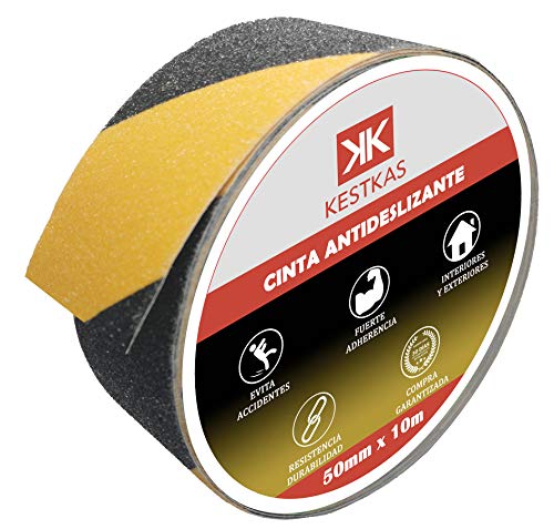 Cinta Antideslizante Resistente 50mm x 10m KESTKAS - Adhesiva para Interiores y exteriores - Alta Tracción - Negra y Amarilla - Seguridad - Fijacion Instantanea