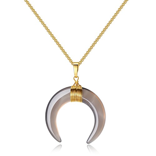 COAI Collar para Mujer de Acero Inoxidable con Colgante Doble Cuerno Luna Creciente de Ágata Gris