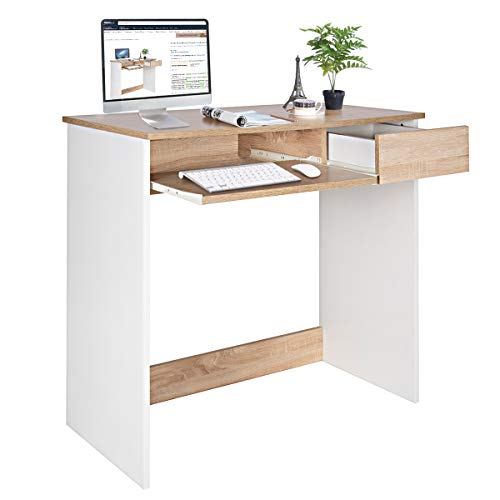 Coavas Escritorio para computadora, Escritorio de Madera con cajones de alacena y Bandeja para Teclado Mesa de PC para Adultos y niños, 80 x 45 x 75 cm Haya y Blanco