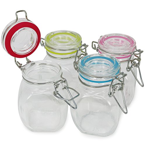 com-four® 4x mason jar con cierre de clip, vaso de alambre con anillo de goma en diferentes colores, 100 ml (04 piezas - 100 ml)