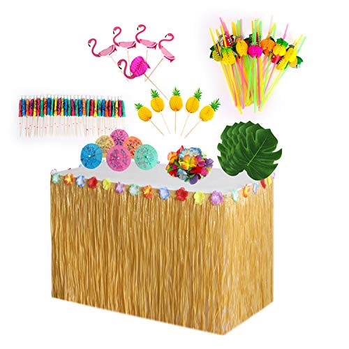 Comius Sharp 87 piezas decoraciones de fiesta hawaianas, falda de mesa hawaiana de 9 pies, hojas de palma, flores, adorno de magdalenas y pajitas para decoraciones de fiestas en jardines tropicales