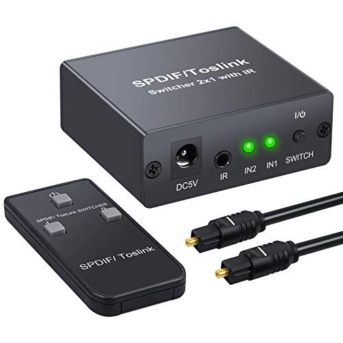Conmutador Óptico Toslink Digital 2 x 1 Switch Óptico SPDIF con Mando a Distancia y Cables Soporte LPCM2.0 DTS Dolby-AC3 para PS3 VHS Blue-Ray DVD y Amplificadores de Audio